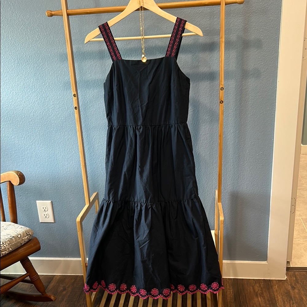 J. Crew Navy and Pink Embroidered Midi Sundress Size XS/S